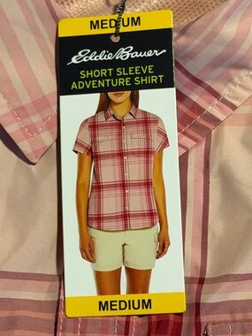 NWT Eddie Bauer Women Peach Pink Plaid Short Sleeve Adventure Shirt size Medium